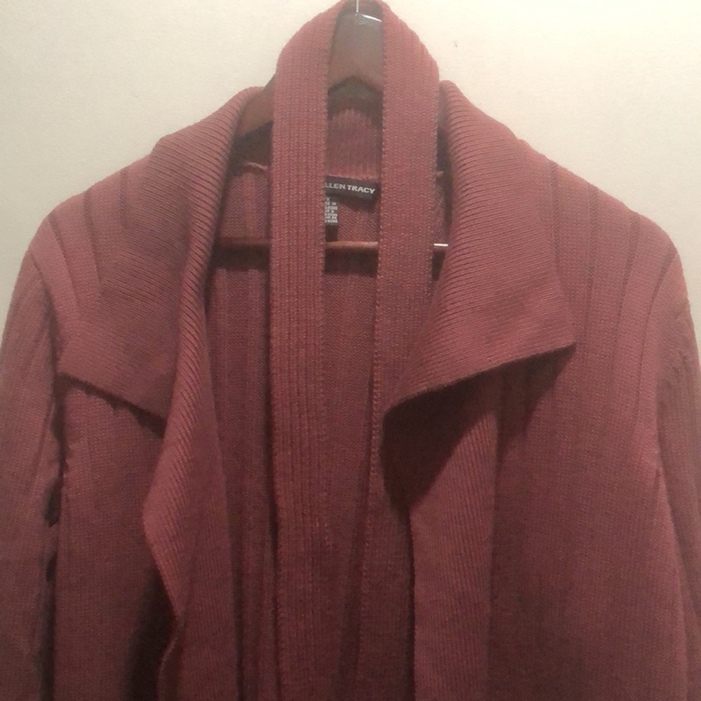 COMPANY ELLEN TRACY-MAUVE MERINO WOOL LONG CARDIGAN W/MATCHING BELT & TOP